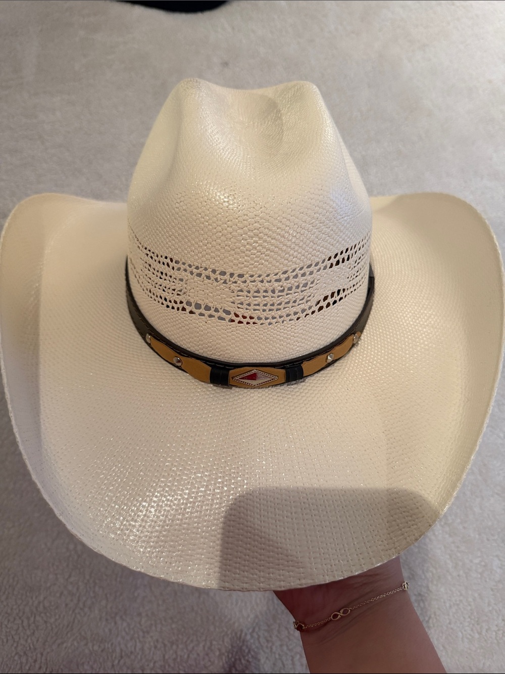 Classic Straw Western Cowboy Hat with Decorative Band - Cream